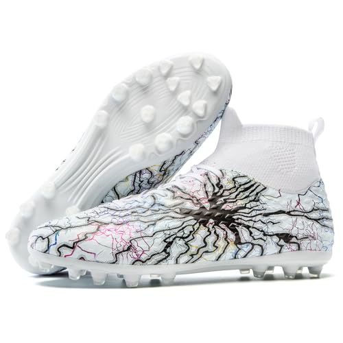 ZEUBNXS Mens Soccer Cleats Lightweight High Top Indoor Soccer Shoes with Ankle Support Professional Turf Soccer Shoes for Youth Training White 10
