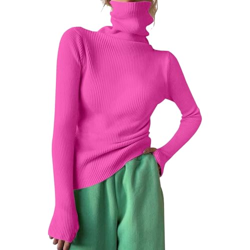 Suéter de punto acanalado con cuello alto para mujer, manga larga, cuello alto falso, ajuste delgado, casual, suéter térmico para mujer para invierno, rosa, M
