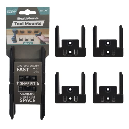 StealthMounts Black Tool Holders Compatible with Makita 18V LXT - 4 Pack Wall & Bench Mounts for Power Tools
