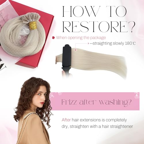Image of Moresoo K Tip Hair Extensions Real Human Hair, White Blonde, 16 Inch | 50g 50 strands, keratin bonded tips, salon application, bright blonde match, everyday styling