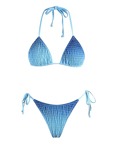 Image of Women's Triangle Bikini Set String Swimsuit Print Tie Smocked Ruched Two Piece Bathing Suit