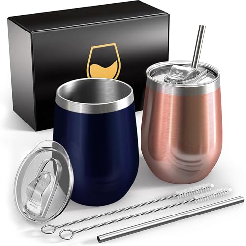 FloweryOcean Vasos de vino de acero inoxidable, 2 copas de vino de 12 onzas para llevar, mantiene 5 h caliente/10 h frío, sin BPA, doble pared aislada al vacío, regalo de camping para mujeres, azul