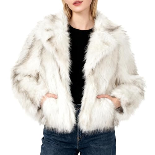 Amazhiyu Pelzmantel Damen Plüschjacke Felljacke Kunstpelz Mantel Kunstfell Jacke Pelzjacke Kurz Plüschmantel Winterjacke Faux Fur Coat Offenem Kragen Mit Pockets, Weiß, S
