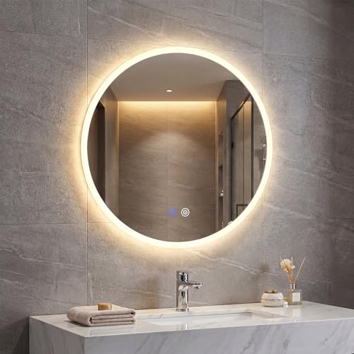 COSTWAY 600mm/700mm Round Bathroom Mirror with LED Lights, Illuminated Backlit Wall Mounted Vanity Mirror with 3 Colors, Dimmable, Memory, Anti-Fog Circle Tempered Glass LED Makeup Wall Mirrors (60cm)