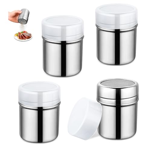 GIDWRIY 4 PCS Espolvoreador Cacao Pequeño, Espolvoreador Acero Inoxidable, Dispensador Cacao Polvo, Espolvoreador de Queso con Tapa,Espolvoreador Azucar Glass,Espolvoreador Canela