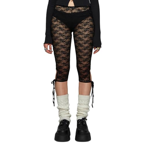 Women Sheer Floral Lace Leggings Capris Y2K See Through Knee Length Tights Thigh High Stockings