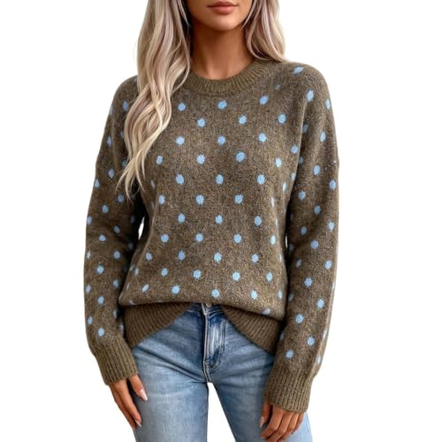 GOSEAGOTOFUN Womens Fall Sweaters Crew Neck Polka Sweater Casual Long Sleeve Loose Fit Knit Pullover Fall Fashion Clothes Coffee Small - image 5
