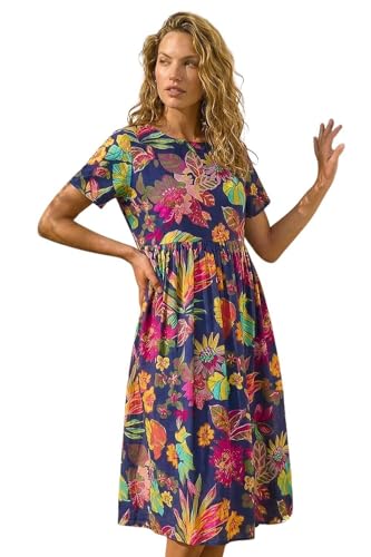 Image of Roman Originals Floral Print Smock Dress for Women UK - Ladies Everyday Holiday Spring Summer Round Neckline Comfy Soft Evening Vacation Work Party - Navy Floral - Size 18