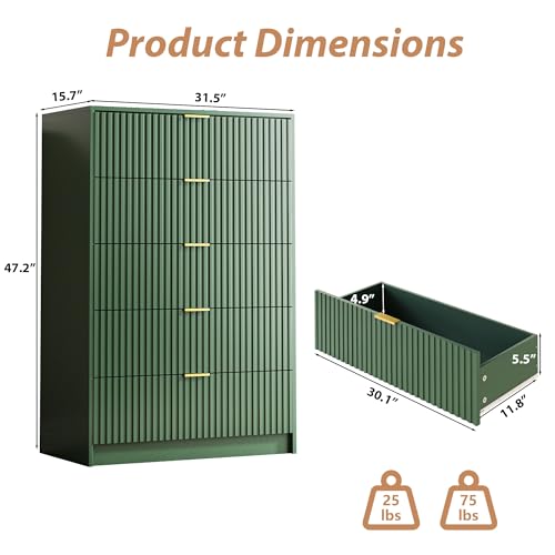 Image of MAISONARIA 5 Drawer Dresser for Bedroom, Tall Dresser Chest of Drawers with Gold Handles, 32 Inch Wide Nightstand with for Bedroom, Living Rooms, Offices, and Entryways, Green