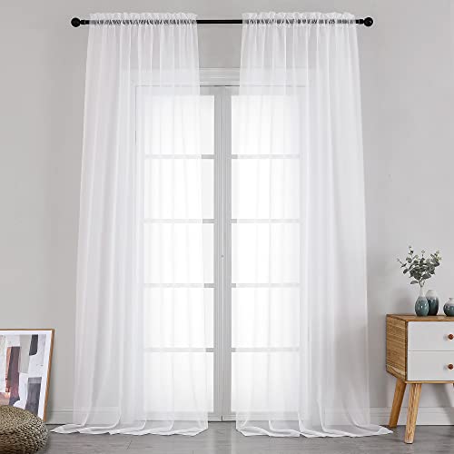 Image of Simplebrand Sheer White Curtains 120 Inches Long, Extra Long Rod Pocket Solid Color Window Sheer Curtain Panels, Elegant Curtains & Drapes for Living Room, Bedroom 2 Panels (White, 2x42x120'')