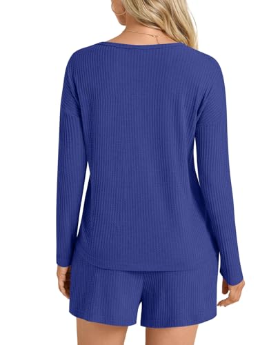 Image of Anydoll Womens Pajama Sets Waffle Knit Lounge Sets Long Sleeve Top and Shorts 2 Piece Loungewear with Pockets