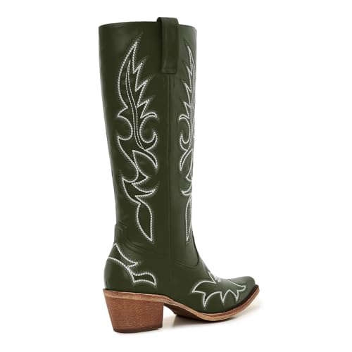 Image of Uillnoodu Women's Turquoise Cowgirl Boots - Wide Calf Mid Calf Western Boots Plus Size Embroidered Cowboy Style with Block Heel