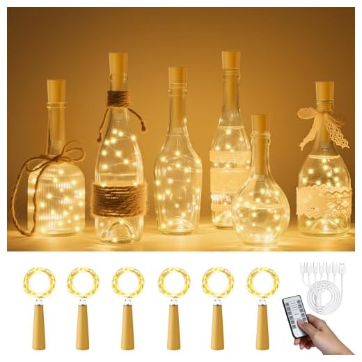 PChero USB Rechargeable Wine Bottle Lights with Cork & Remote Timer, 6 Pack 20 LED 6.6 ft Fairy String Lights for DIY Party Wedding Christmas Halloween Festival Bar Decoration