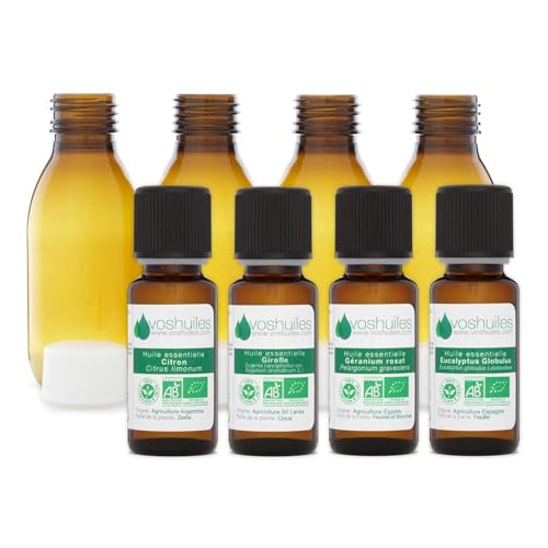 Kit olfactif 4 huiles essentielles bio et 4 flacons pour aromathérapie