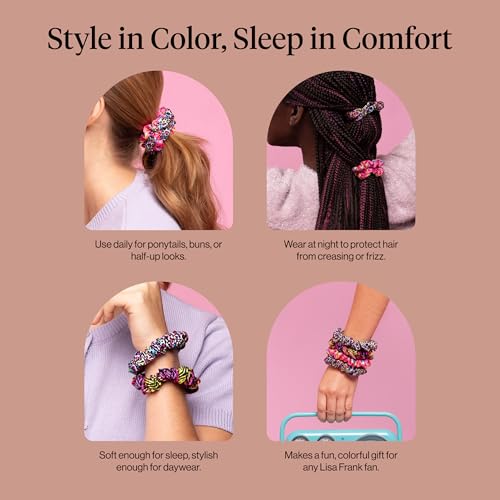 Image of Lisa Frank x Kitsch Ruched Satin Scrunchies for Women - Softer Than Silk Scrunchies | Hair Ties No Damage for Frizz-Free Sleep - Rainbow Leopard 4 pcs