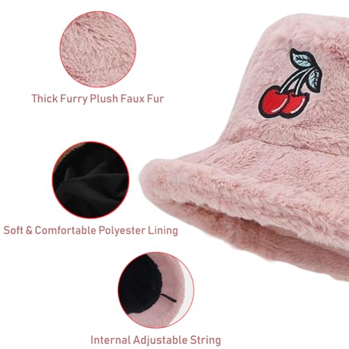Image of Bucket Hat Women Furry Fuzzy Bucket Hats for Ladies, Winter Warm Fluffy Plush Faux Fur Hat for Women