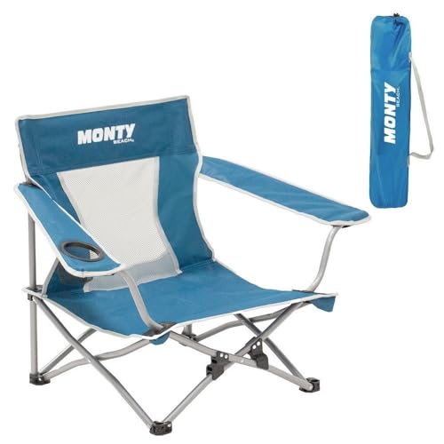 Silla playa y camping, plegable cierre tijera, estructura acero pintura Epoxi anticorrosión, y tejido Oxford 600 D azul, respaldo malla transpirable, portavasos , bolsa transporte y reposabrazos