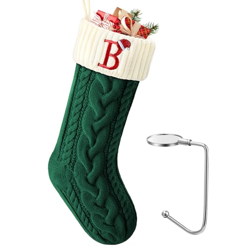 LHMTQVK Large Christmas Stocking with Initials, Embroidered Knit Christmas Stocking with Hook, Custom Christmas Stockings, Xmas Stockings for Family Fireplace Holiday Party Gift