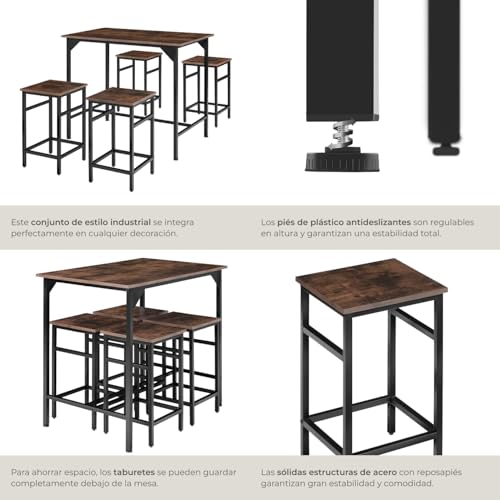 tectake® Mesa Alta de Bar con 4 Taburetes, Mueble de Cocina Estilo Industrial, Diseño Comedor y Mesa Cocina, Muebles de Salon, Taburete - 100 x 124 x 88,5 cm Madera Industrial Oscura, Rústica - imagen 6