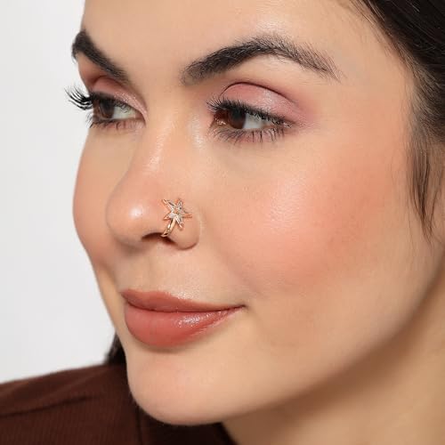 Image of Nilu's Collection Rose Gold American Diamond Non Piercing Nose Pin for Women | Elegant Flower Nose Stud | Minimal Clip-On Nose pin | Anti-Allergy | Anti-Tarnish | Office Wear | Daily Wear | office Wear | Non Piercing