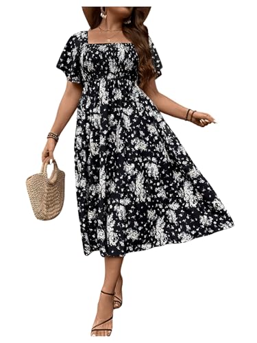 Image of Floerns Women's Plus Size Floral Square Neck Flounce Short Sleeve A Line Maxi Dress