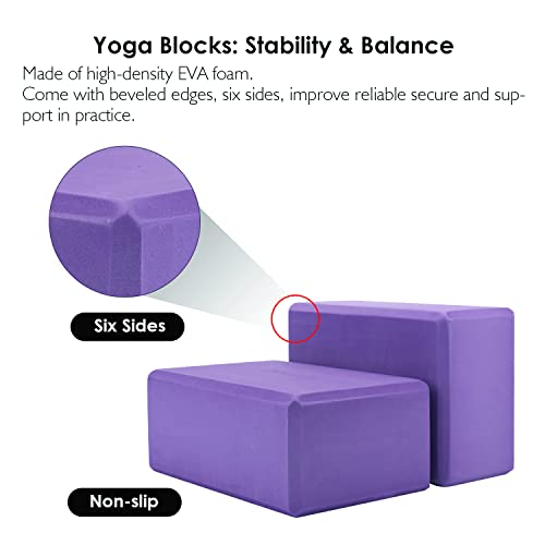 Reehut Yoga Block 2 Pack And Metal D Ring Yoga Strap 1 Pack Combo Set, 9" X 6" X 4"High Density Eva Foam Block To Support And Deepen Poses, 8Ft Yoga Belt For Stretching, General Fitness (Purple) #TOP3
