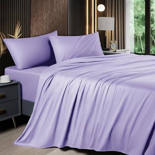 Image of Shilucheng 4 Piece Queen Sheet Sets, Cooling Sheets, Blend Rayon Derived from Bamboo, Deep Pocket Up to 16 inch, Breathable & Soft Bed Sheets, Hotel Silky Bedding Set, Lavender