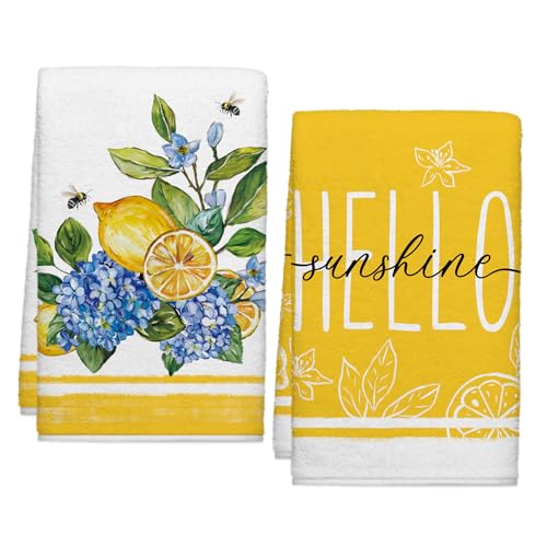 Image of Summer Hydrangeas Lemons Kitchen Towels, Hello Sunshine Dish Towels Set of 2, Blue Amalfi Coas Farmhouse 18 x 26 Inch Hand Towel Quick Drying Dishcloth Decor for Kitchen Bathroom Home