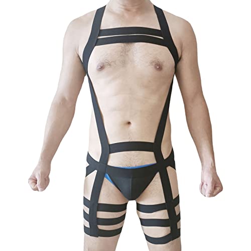 Men's Full Body Chest Harness Belts Sexy Garter Straps Jockstrap Bodysuit Halter Bandage Leotard Underwear (Black,One Size)