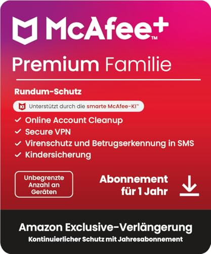 McAfee+ Premium - Family, Virenschutz- und Internet-Sicherheitssoftware für eine unbegrenzte Anzahl an Geräten, 1-Jahres-Abonnement, mit automatischer Verlängerung