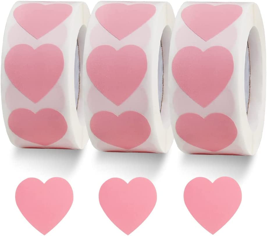 SYOSI 1500 Labels Pink Heart Stickers 1 inch Heart Coding Shape Paper Labels for Valentine's Day Wedding Anniversaries Invitation Envelopes Cute Decals for Water Bottle Packaging(3 Pcs/500 Per Roll)