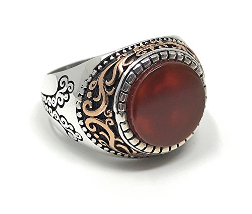 KAR 925k Stamped Sterling Silver Filigree Red Agate (Aqeeq) Men's Ring (9.25)