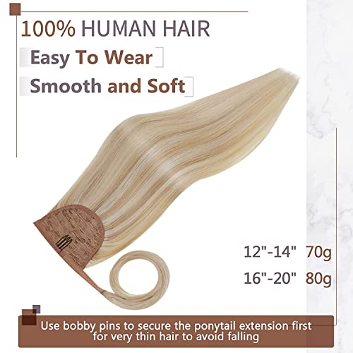RUNATURE Ponytail Extension Human Hair Blonde Clip in Ponytail Hair Extensions Real Human Hair Highlight Platinum Blonde Straight 14 Inch 70g #18/613 - Image 3