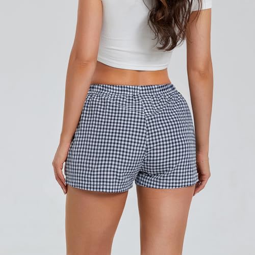Image of Y2k Plaid Shorts Cute Baggy Ginghem Boxer Shorts for Women Checked Lounge Pajama Bottom Preppy Sleep Pj Shorts