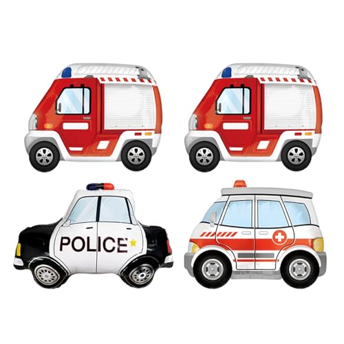 COACOM 4 Globos De Decoración para Fiestas, Globos De Cumpleaños, Accesorios Inflables, Globos Temáticos De Bomberos, Incluyendo Ambulancia, Coche De Policía.