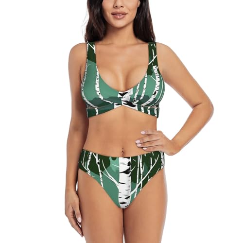 Bikini 2 pièces imprimé bouleaux pour femme avec un haut et un maillot de bain gainant élégant