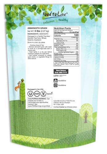 Image of Food to Live Amaranth Grain, 5 Pounds - 100% Whole Seeds, Vegan, Kosher, Bulk. Sweet, Nutty Flavor. Rich in Protein, Calcium. Great Alternative to Rice or Quinoa. Great for Cereal, Salads, Soups