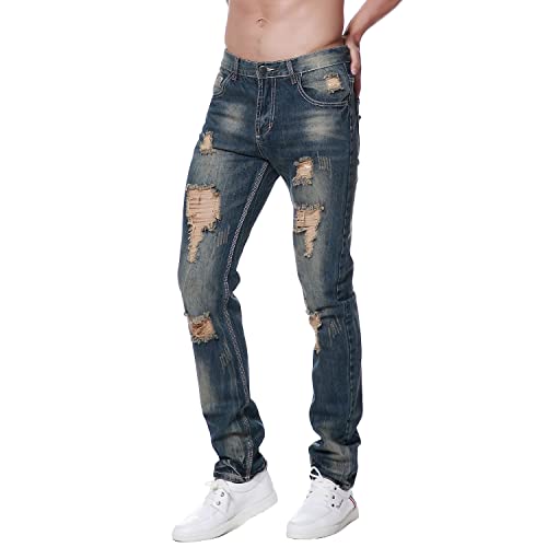Previn Men's Distressed Denim Jeans Ripped Destroy Trousers Holes Freyed Slim Straight Pants4