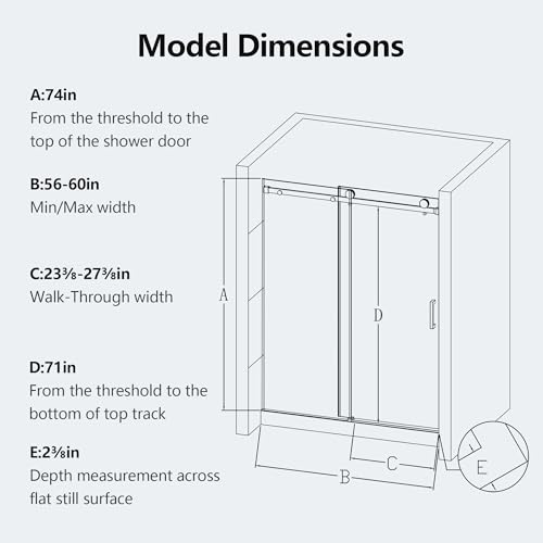Image of 56-60 inch W x 74 inch H Frameless Shower Doors, Bathroom Single Sliding Shower Glass Doors with 5 /16 inch (8mm) Clear SGCC Tempered Glass and Stainless Steel Handle, Reversible Installation, Chrome