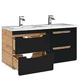 Lomadox Set di mobili da bagno in grigio antracite e rovere Wotan, lavabo in ceramica, 120 cm, 4 cassetti con chiusura morbida
