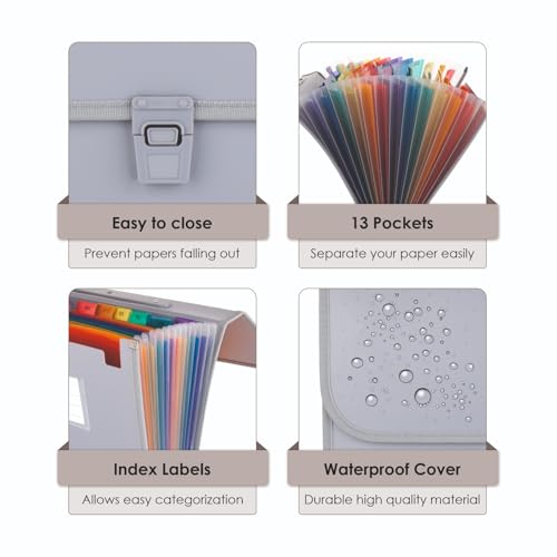 Image of POLEN Premium Series Expanding File Folder with Coloured Inner, 13 Pockets, Handle, and Buckle Closure, Fullscape Size for Travel, Home, Office to Arrange Your Document (Grey)