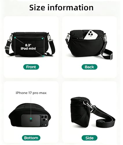 Image of Crossbody Bags for Women, Puffy Bum Bag with Multiple Pockets, Nylon Crossbody Purse for Daily Travel