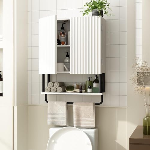 RUSTOWN Fluted Bathroom Wall Cabinet with 2 Doors, 3-Tier Modern Farmhouse Medicine Cabinet, Over The Toilet Storage Cabinet with Adjustable Shelf and Towel Bar (White, Medium) - Image 3