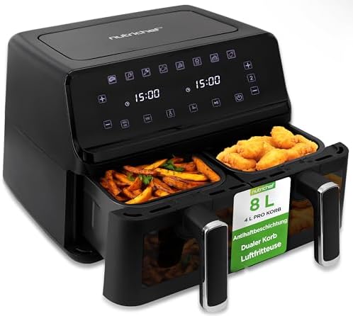 NutriChef Heißluftfritteuse Doppelkammer, 8,3L, digital, mit Sichtfenster | 1700 W Heizleistung, 9 Automatikprogramme, 2 unabhängige Garzonen, Memoryfunktion und Überhitzungsschutz