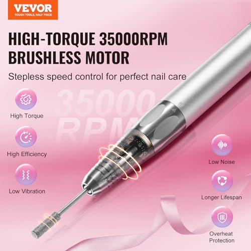 Image of VEVOR High-Torque Electric Cordless Nail Drill, Rechargeable Nail E File Machine 35000PRM Brushless Motor with 6 Bits & 50PCS Sanding Band for Acrylic Gel Nails, Portable Manicure Pedicure Tool