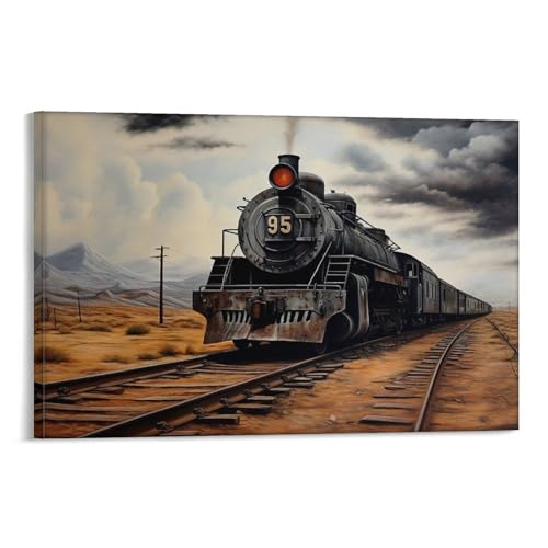 Peinture à l'huile foncée antique Route 66 train à vapeur