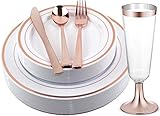 Facciamo Festa Rose Gold Plastic Plates with Cups and Cutlery Supplies 150 Pcs | Heavy Duty and Disposable Silverware for Birthday Party, Wedding, Reception, Christmas, Thanksgiving and Other Parties