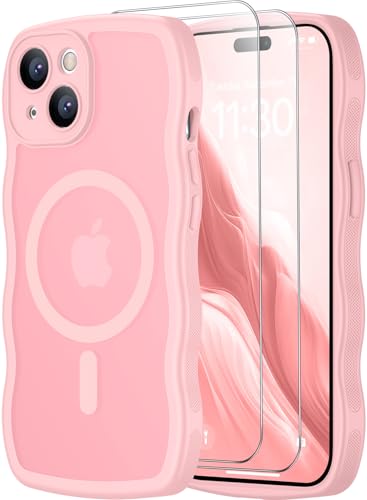 SPIDERCASE Magnetic for iPhone 15 Case, [Curly Wavy Edge] with [2 Tempered Glass Screen Protector] [Full Camera Protection] Anti-Fingerprint Anti-Scratch Case for iPhone 15 6.1”, Pink