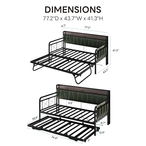 Image of LIKIMIO Twin Daybed, Day Bed with Trundle, Storage Upholstered Headboard and Charging Station, Trundle Bed with Strong Supports for Living Room, Bedroom, and Guest Room, Dark Green