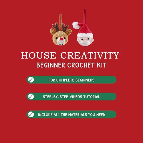 Image of HOUSE CREATIVITY Christmas Crochet Kit for Beginners - Make Santa Claus & Reindeer Ornaments, Amigurumi Crochet Starter Kit with Video Tutorial, Yarn & Hook, DIY Holiday Tree Decor Gift